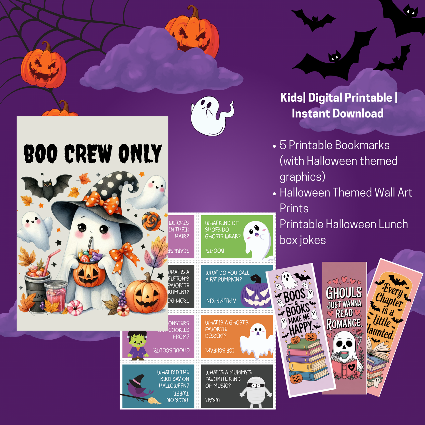 Kids Halloween Printable Bundle | Bookmarks, Lunch Notes & Wall Art