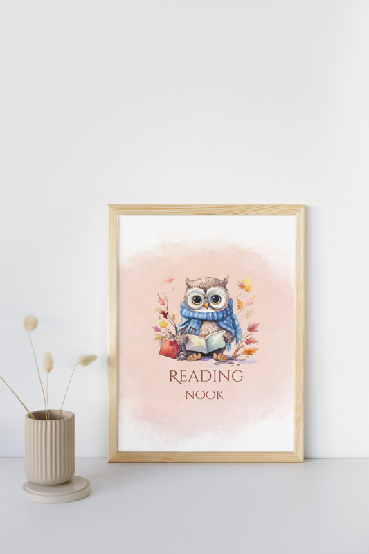 Cute Owl Reading Corner Wall Art – A Cozy Retreat for Little Bookworms!