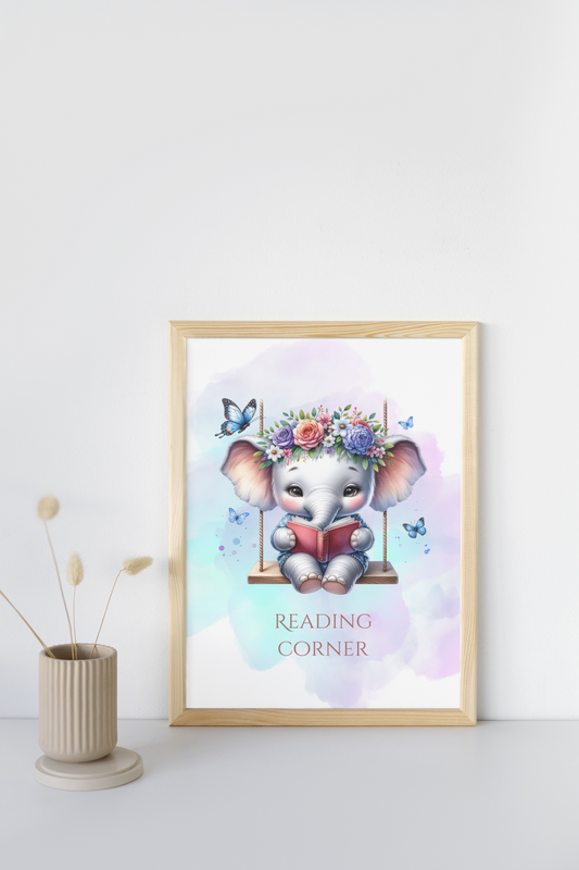 Elephant Reading Corner Wall Art – A Cozy Retreat for Little Bookworms